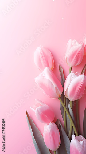 Romantic light pink background with light pink tulip flowers and place for text