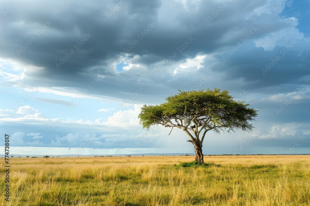 Beautiful landscape with lonely tree on the meadow under cloudy sky
