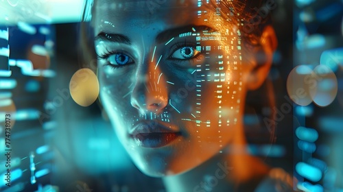 Attractive Woman Programming Futuristic Software Digital Interface Projected on Her Face Signifying Technological Advancement and Cyber Protection generetive ai photo