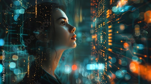 Professional Woman Coding in a Void of Futuristic Circuitry and Cybersecurity Concept generetive ai