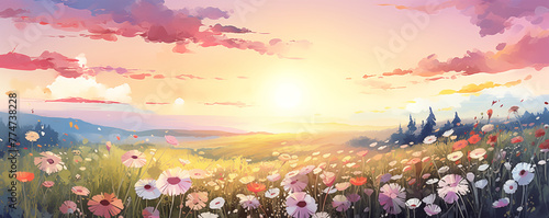 Wild flower field in summer on beautiful sunset landscape, panoramic view, watercolor illustration generative ai 