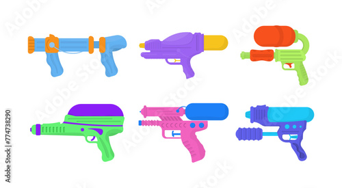 Set of cartoon toy water guns for fun kids. Water guns isolated on a white background. Weapons toys for childrens. Bright multi-colored children's icons.