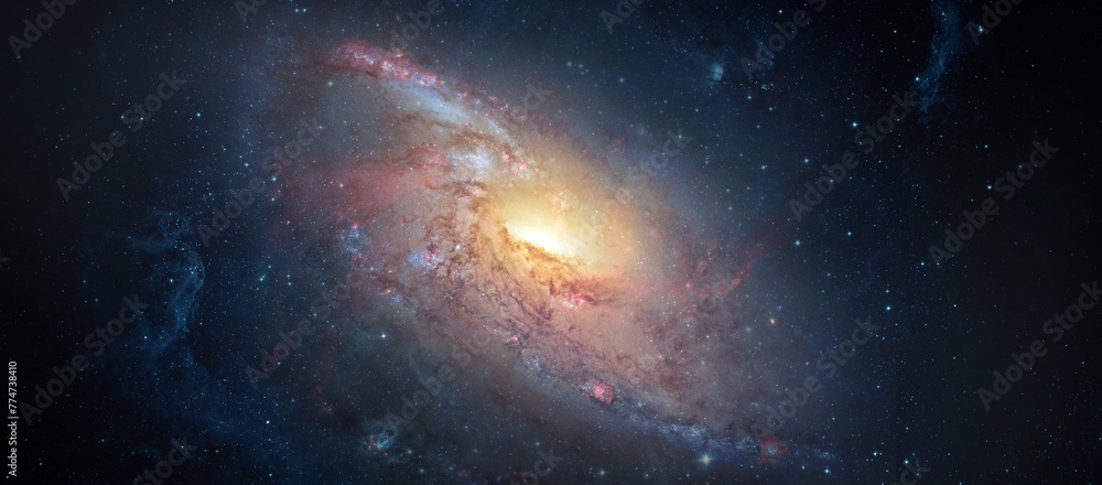 Spiral galaxy against the background of the starry sky. View from space. Collage on space, science and education items. Elements of this image furnished by NASA.