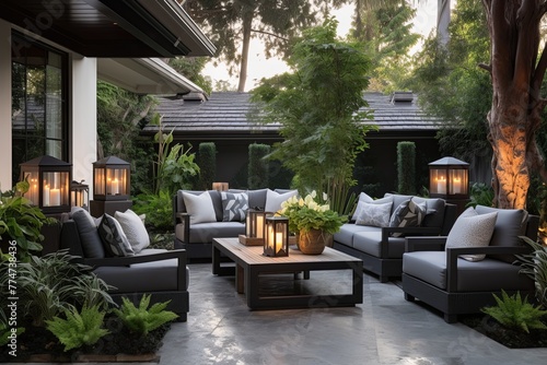 Stylish Outdoor Living  Resort-Style Patio Oasis with Lush Landscaping