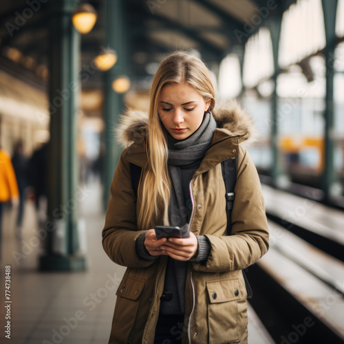 Wallpaper Mural A Woman's Stationary Moment Amidst Mobile Distraction Torontodigital.ca