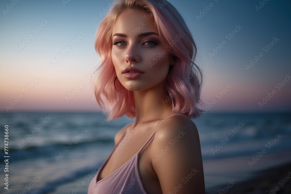 A woman with pink hair stands on a beach, looking out at the ocean