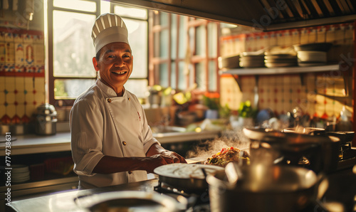 Chef cooking works in the kitchen of a restaurant  fresh food dishes concept.