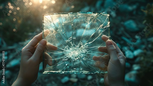 Person holding a broken mirror, with shattered pieces reflecting a mosaic of light and new possibilities. The image conveys the transformative nature of challenges.