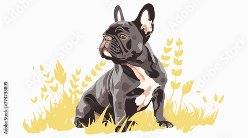 Fototapeta Naklejka Na Ścianę i Meble -  Cute french bulldog sitting in grass in a sunny day F