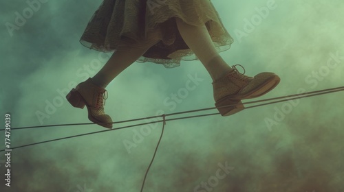 Person walking on a tightrope wearing elaborate, mismatched shoes, symbolizing the delicate balance required for fancy footwork in life. The image is bathed in soft, dreamlike lighting. photo
