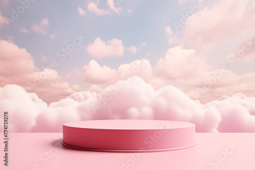 Pink podium against a background of pink clouds and sky.