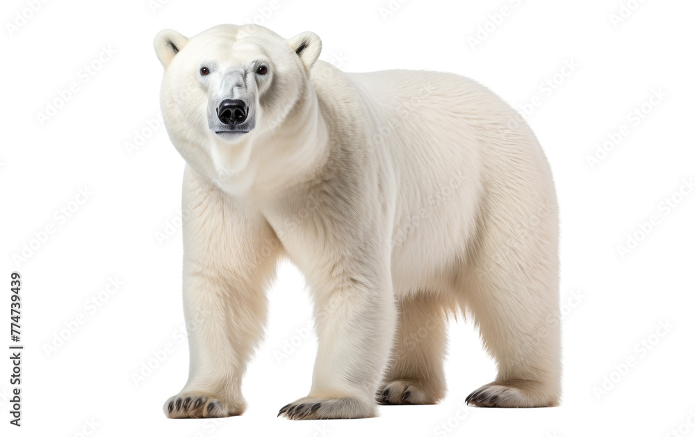 Majestic polar bear elegantly stands on a pristine white background Majestic polar bear elegantly stands on a pristine white background