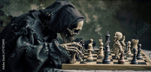 Grim Reaper Sitting and playing chess. Concept of death, memento mori. photo