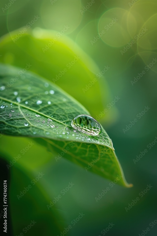 Water drop on green leaf with copy space. Nature background. Shallow depth of field Water drop on green leaf with copy space. Nature background. Shallow depth of field
