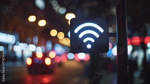 Wifi symbol on the street in the night. Internet of things concept photo