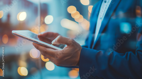 A businessman's hand holding a tablet computer against a bokeh background, representing the business concept of embracing technology for smart practices and 24x7 connectivity photo