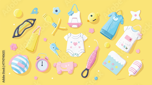 Different baby accessories on yellow background