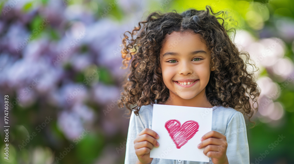 Adorable Girl Surrounded by Common Lilac Flowers Holding a Mother's Day Card with Hand Drawn Red Heart. Lovely Background with Copy Space. Adorable Girl Surrounded by Common Lilac Flowers Holding a Mother's Day Card with Hand Drawn Red Heart. Lovely Background with Copy Space.