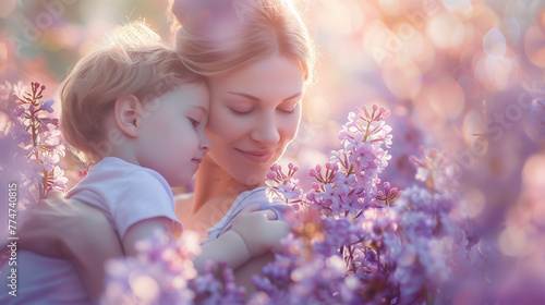 Mother and Son Sharing Joyful Moments in the Park Surrounded by Lilac Flowers. Woman Holding Little Boy - Background with Copy Space.