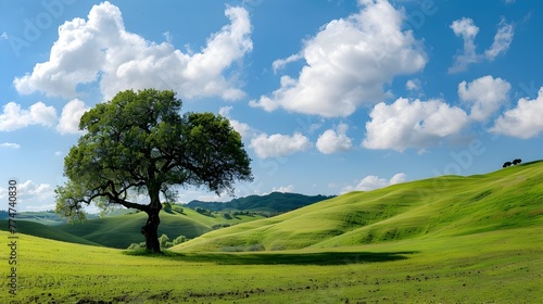 Sweeping Panoramic View of a Serene Rural Landscape with a Solitary Majestic Tree Centerpiece