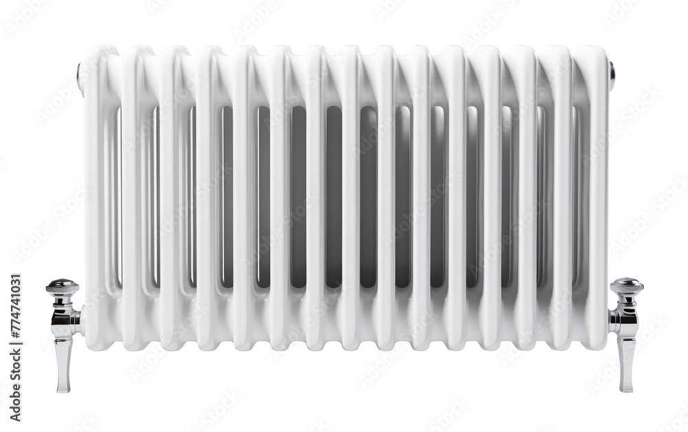 A sleek white radiator emits a soft, frosty aura against a pristine white backdrop A sleek white radiator emits a soft, frosty aura against a pristine white backdrop