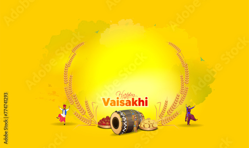 Happy Vaisakhi creative. Indian Punjabi sikh Baisakhi festival background. Typography with wheat background and bhangra dance.