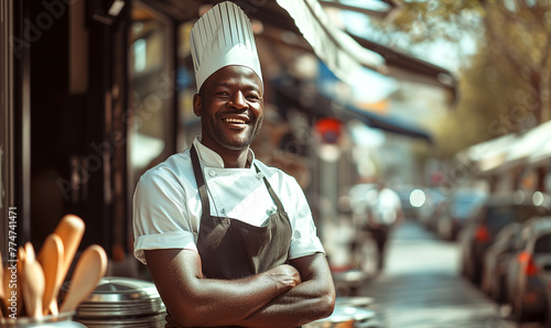 African Street food chef cooking in a frying pan with a high flameon, Local Street fast Food.