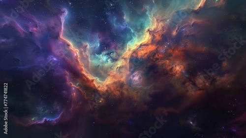 A breathtaking view of a colorful nebula illuminated by the light of nearby stars, with swirling clouds of gas and dust creating a mesmerizing display of cosmic beauty. © Hasii