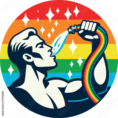 Gay man with rainbow hose drinks water jet. Round graphic promotion LGBTQ community symbol with rainbow background (Vector graphics)