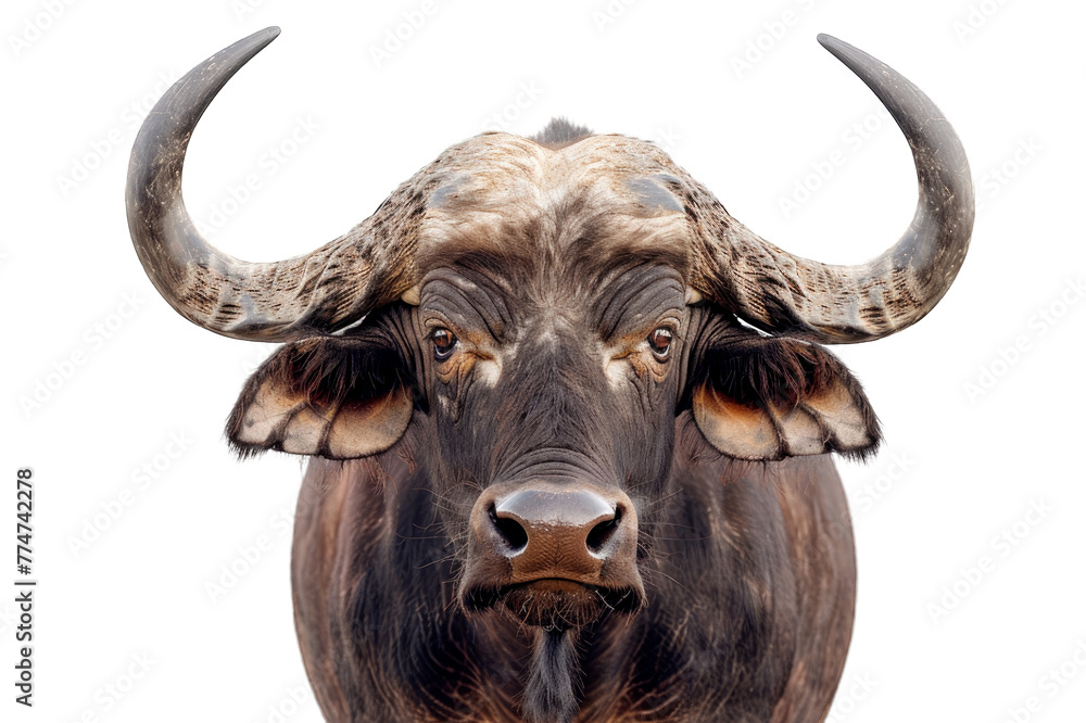 Frontal view portrait of adult buffalo looking at camera isolated on a cut out PNG transparent background Frontal view portrait of adult buffalo looking at camera isolated on a cut out PNG transparent background