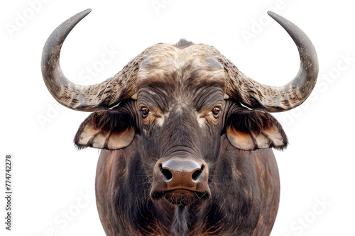 Frontal view portrait of adult buffalo looking at camera isolated on a cut out PNG transparent background