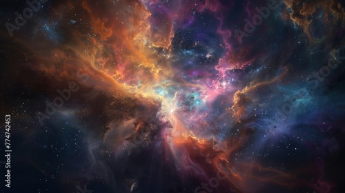 A breathtaking view of a colorful nebula illuminated by the light of nearby stars, with swirling clouds of gas and dust creating a mesmerizing display of cosmic beauty. photo