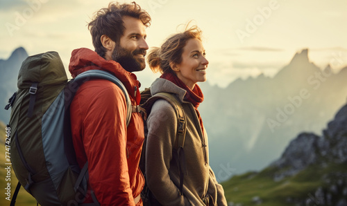 Couple hiker traveling, walking alone Italian Dolomites under sunset light. Man and Woman traveler enjoys with backpack hiking in mountains. Travel, adventure, relax, recharge concept..