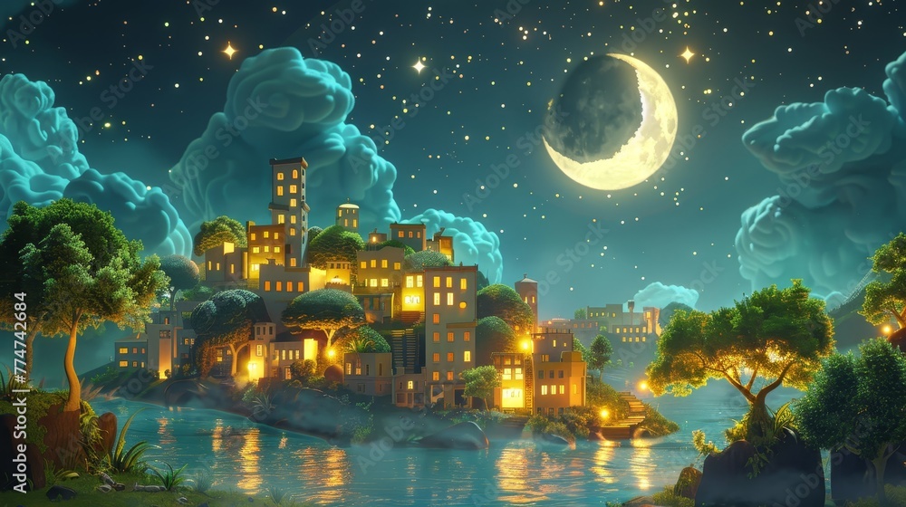 Obraz premium A city with a large moon in the sky. The moon is in the middle of the sky and is surrounded by stars. The city is lit up with lights, giving it a warm and inviting atmosphere