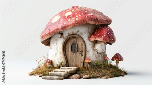 A mushroom house with a door and a window. The house is surrounded by mushrooms and grass. The house has a rustic and whimsical feel to it