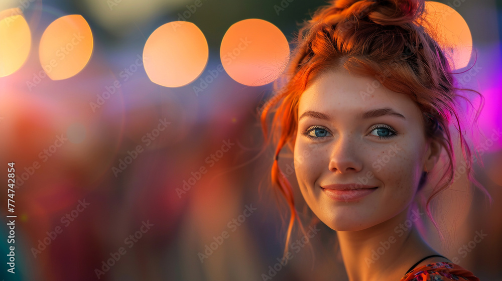Portrait of young beautiful girl with red bun hairstyle against colorful bokeh background. Portrait of young beautiful girl with red bun hairstyle against colorful bokeh background.