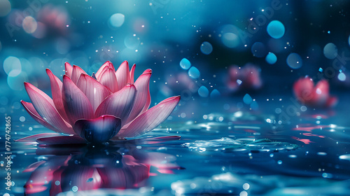 Beautiful pink lotus in a pond on a blue blurred background.