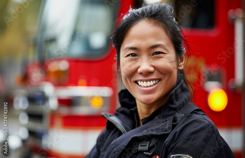 Portrait of asian smiling woman firefighter in black uniform standing next to a red fire truck, outdoors.
