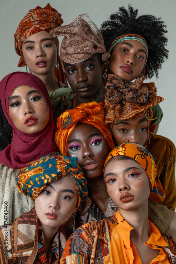 Sustainable fashion with a diverse group of models from various ethnic, eco-friendly clothing made from organic fabrics, recycled materials, environmental consciousness and ethical consumerism