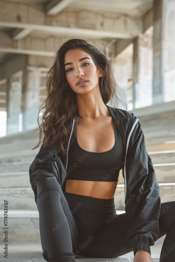 Athleisure style with a Middle Eastern female model. Woman strikes dynamic poses in activewear, sports bras, and bomber jackets, showcasing a blend of comfort, functionality, style in fitness fashion Athleisure style with a Middle Eastern female model. Woman strikes dynamic poses in activewear, sports bras, and bomber jackets, showcasing a blend of comfort, functionality, style in fitness fashion