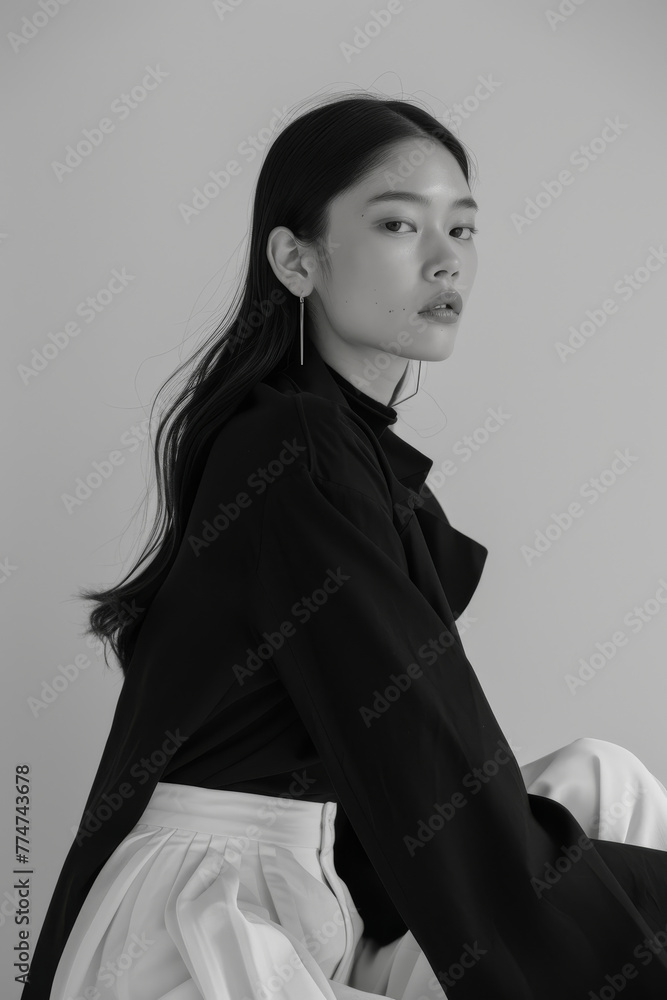 B&W minimalist elegance with an Asian female model. Woman poses in a sleek and modern setting, dressed in monochrome separates, clean lines, embodying timeless sophistication and simplicity