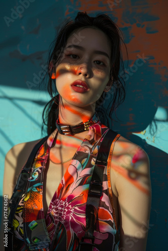 Avant-garde fashion Asian female model. Woman poses in avant-garde silhouettes, bold prints, experimental textures, pushing boundaries of conventional fashion and expressing creativity and innovation