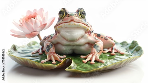 A frog is sitting on a leaf next to a pink flower. The frog is small and has a green and yellow face. The image has a peaceful and calming mood, as the frog