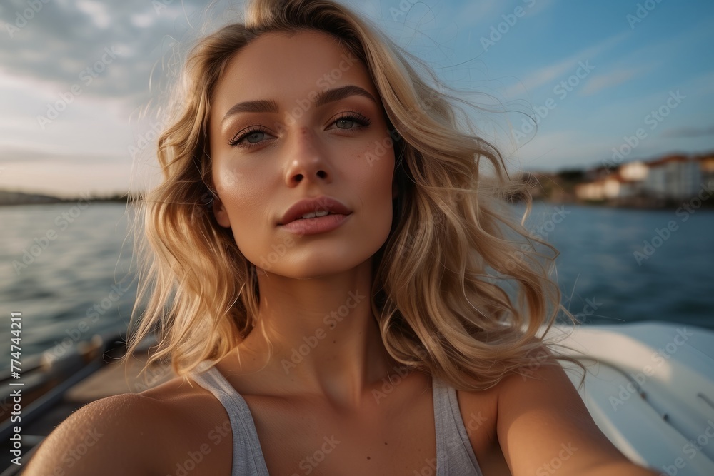 A blonde woman with long hair is sitting on a boat and taking a selfie A blonde woman with long hair is sitting on a boat and taking a selfie