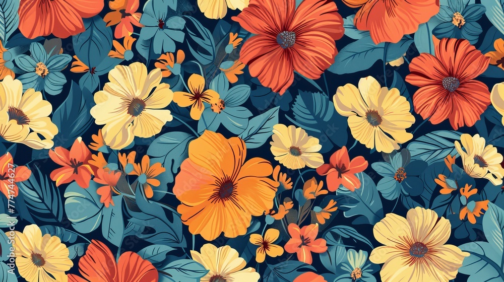 Colorful flower print on a seamless background. Elegant design in bright colors.