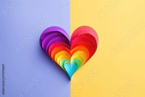 A layered paper heart in rainbow colors sits against a split blue and yellow background, representing diversity and love. Dual-Toned Background with Rainbow Heart