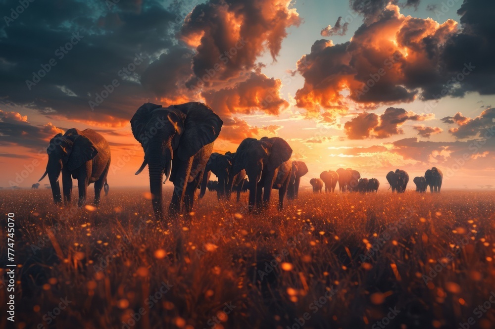 Migration of a herd of elephants in the evening in the African savannah