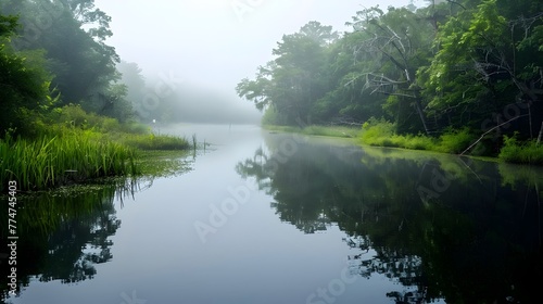 Serene and Misty River Reflection Capturing the Tranquil Beauty of Nature