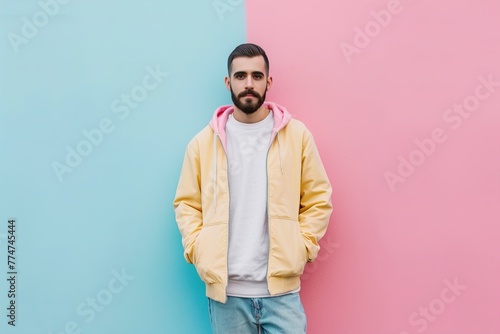 A man in a yellow jacket stands in front of a pink wall