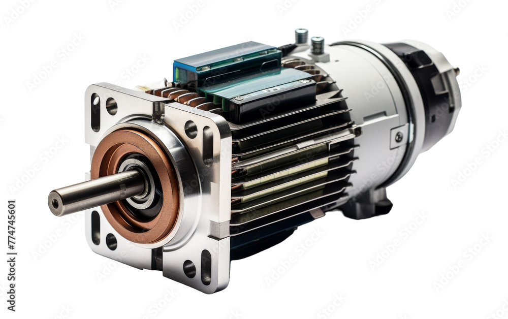 An electric motor isolated on a white background, showcasing innovative technology in a minimalist setting An electric motor isolated on a white background, showcasing innovative technology in a minimalist setting